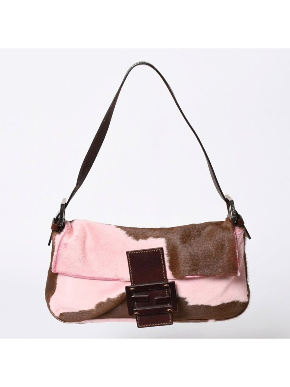 Fendi Mamma Baguette Calf Hair Leather Shoulder Bag Pink Brown Silver